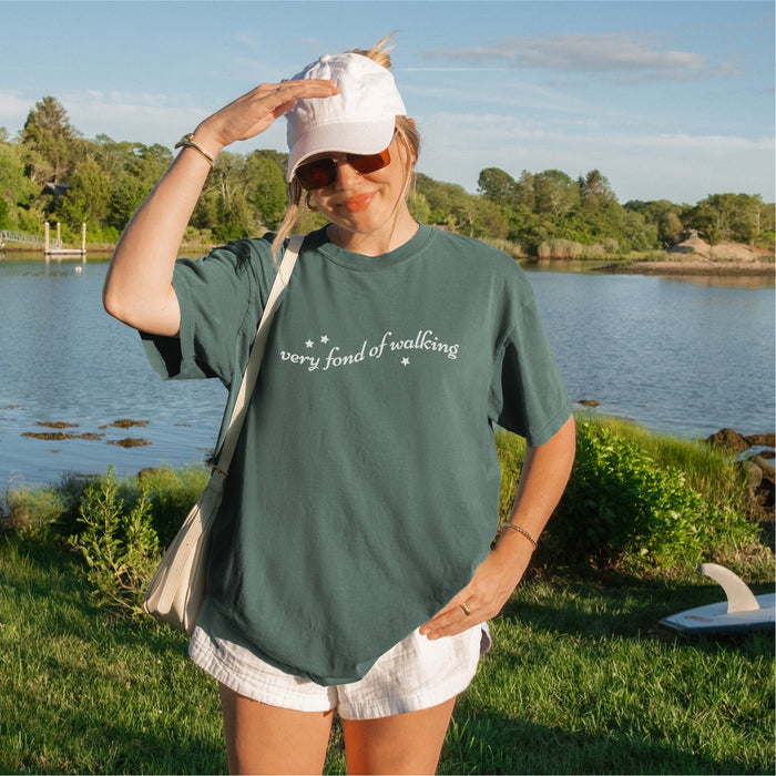 Very Fond of Walking T-Shirt - The Bean Workshop - Austen Fandom, Bookish Fashion, Cottagecore, Elizabeth Bennet Inspired T-shirt, Jane Austen, Literary Quote Shirt, Minimalist Aesthetic, Pride and Prejudice, Reader Wardrobe, Star Illustration, Summer Reading, T-shirt, Very Fond of Walking Graphic Tee