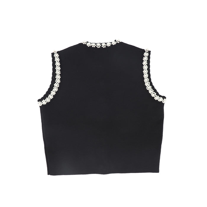 vest knit pearl trim button up - black