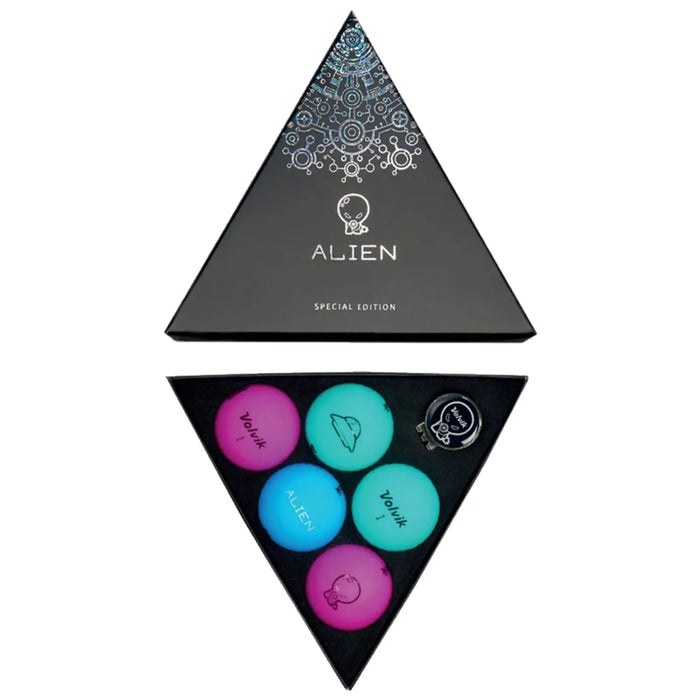 A triangular black box features colorful balls inside. The balls are in shades of pink and blue, displaying various alien-themed designs alongside the text "Volvik" and "ALIEN."