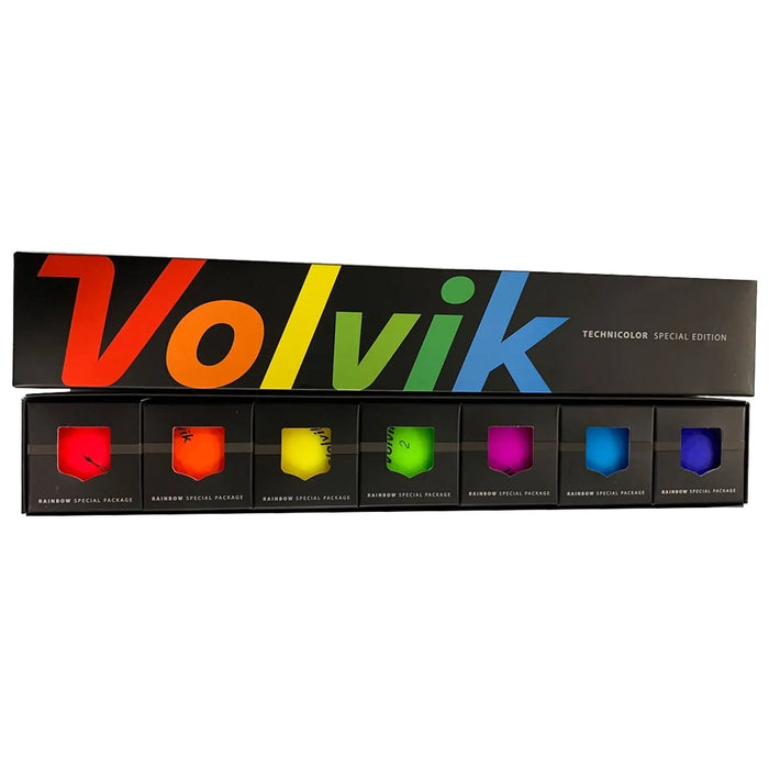 A rectangular black box displays several colorful golf balls in various shades including orange yellow green pink blue and purple with the label Volvik and the text Rainbow Special Package.