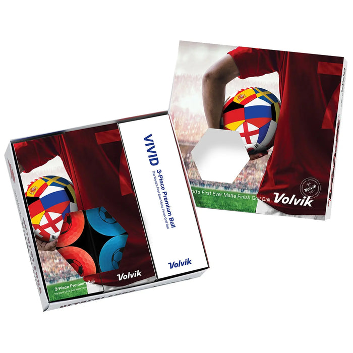 A box displays a premium golf ball with a matte finish being held by a person in a red shirt against a sports background featuring vibrant colors and flags of countries. Text reads "VIVID 3-Piece Premium Ball" and "World's First Ever Matte Finish Golf Ball."