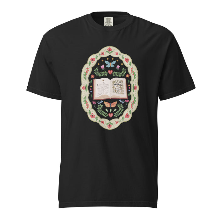 Whimsical Folklore Book T-shirt - The Bean Workshop - Bookish Community, Botanical Book Illustration, Cottagecore Aesthetic, Folk Art Design, Gift for Bookaholics, Happiness Blooms From Within Reader Tee, Jane Austen, Literary Fashion, Nature Lover, Reading Wardrobe, Storybook Magic, T-shirt, Whimsical Folklore Book Floral Shirt
