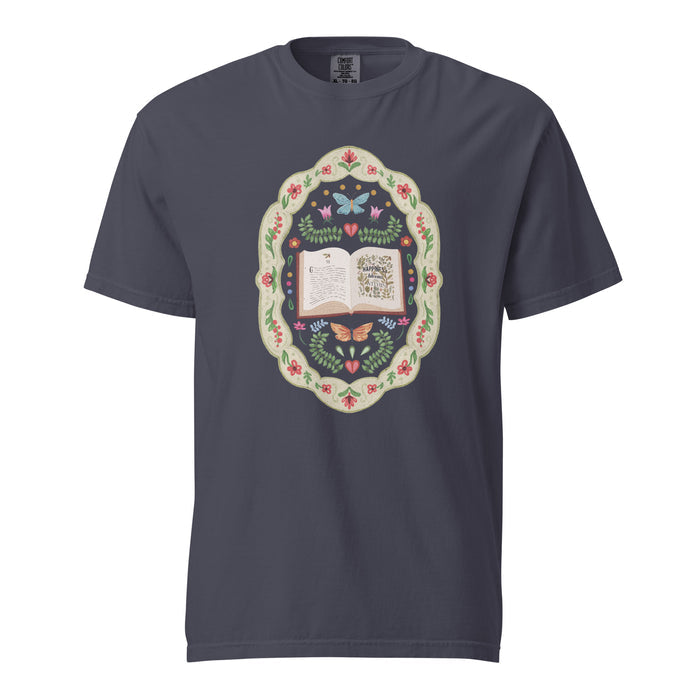 Whimsical Folklore Book T-shirt - The Bean Workshop - Bookish Community, Botanical Book Illustration, Cottagecore Aesthetic, Folk Art Design, Gift for Bookaholics, Happiness Blooms From Within Reader Tee, Jane Austen, Literary Fashion, Nature Lover, Reading Wardrobe, Storybook Magic, T-shirt, Whimsical Folklore Book Floral Shirt