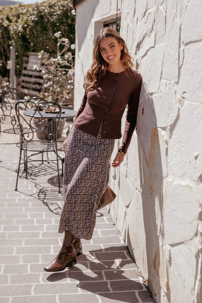 Petal and Pup USA BOTTOMS Willow Midi Skirt - Brown Blue Floral