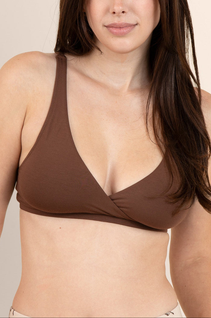 Female modeling the Women's Cross Front Bralette in Toffee