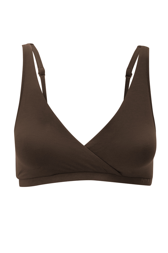 The front of the Women's Cross Front Bralette in Toffee on a ghost mannequin