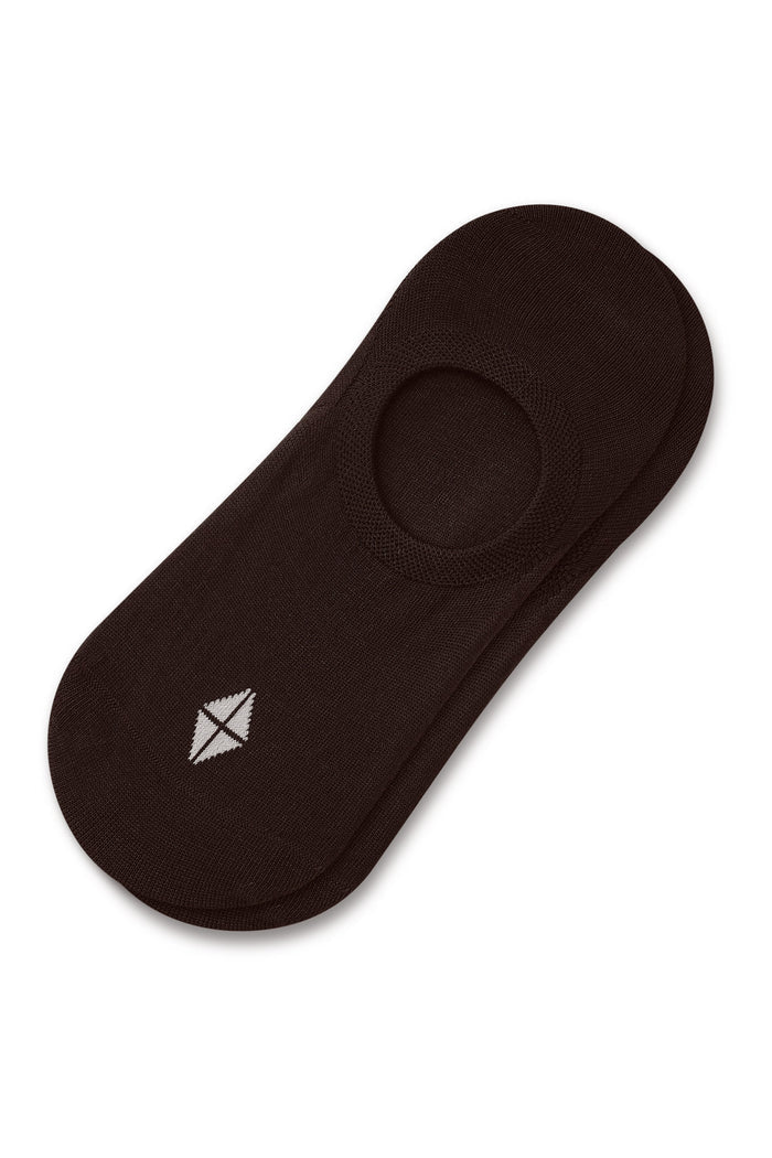 A single dark brown no-show sock with a small white geometric logo on the toe, displayed on a clean white background.