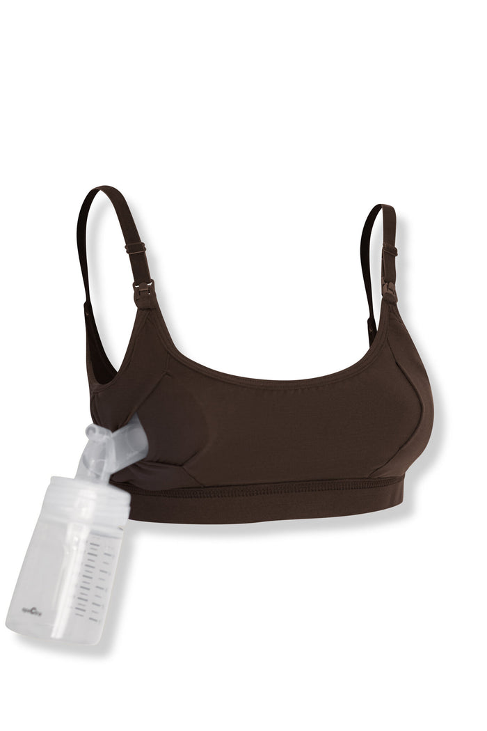 Clear pumping bottle attached to a dark brown pumping bra