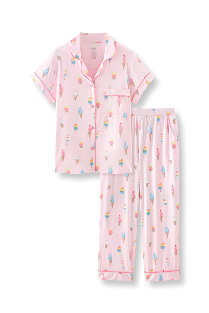 Pink Women's Short Sleeve Cropped Pajama Set with Ice Cream print on white background