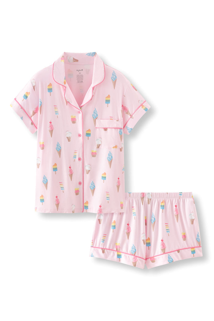 Pink Women's Short Sleeve Pajama Set in Ice Cream print on white background