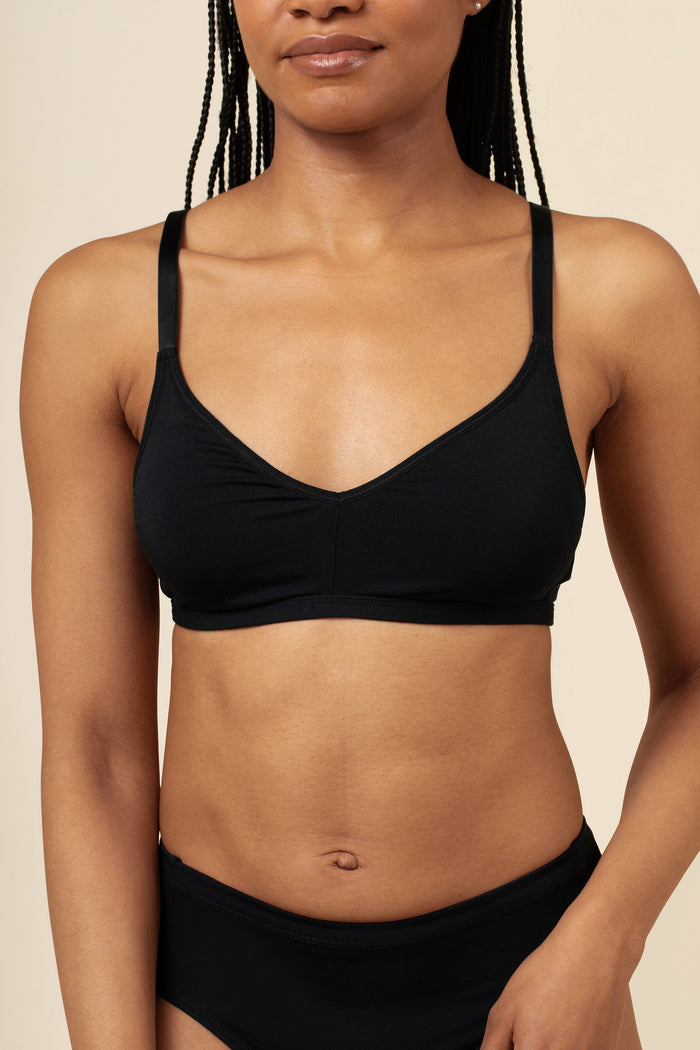 Person wearing a black bra set against a beige background