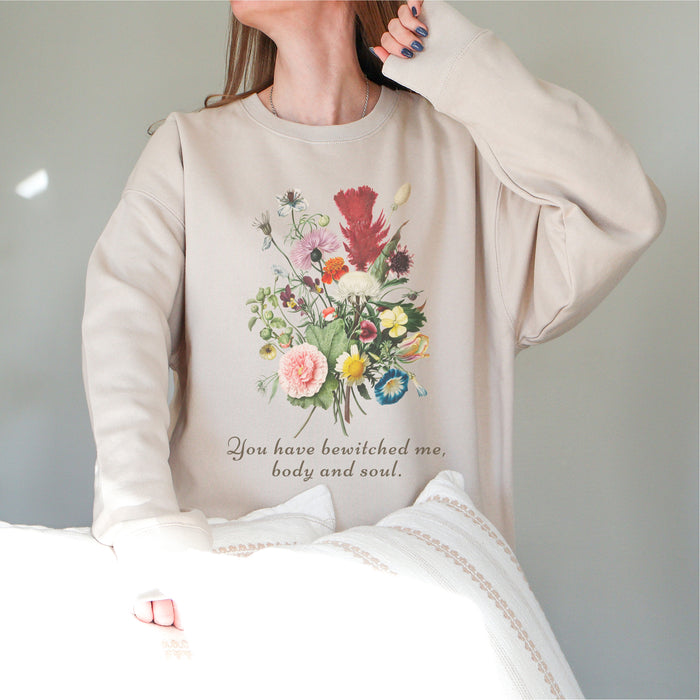 You Have Bewitched Me, Body and Soul Premium Sweatshirt - The Bean Workshop - Bookish Merch, Comfort Wear, Cozy Aesthetic, Cozy Mr Darcy Quote Sweatshirt, Gift for Book Lovers, Jane Austen, Literary Loungewear for Readers, Pemberley Fandom, Pride and Prejudice, Reading Nook, Romantic Quote, Sweatshirt, Wildflower Bouquet