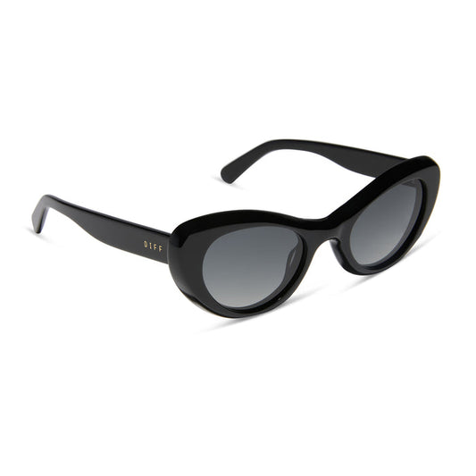 diff eyewear featuring the zaria cat eye sunglasses with a black frame and grey gradient polarized lenses angled view