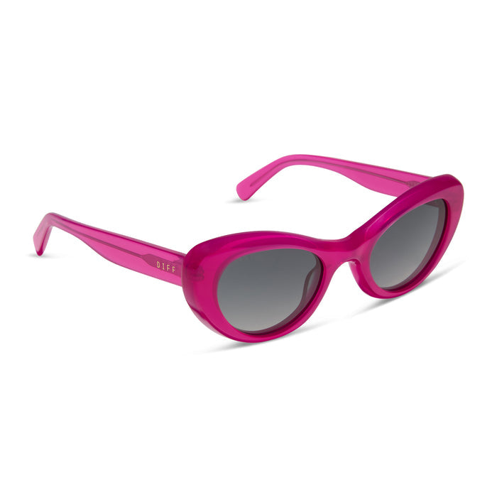diff eyewear featuring the zaria cat eye sunglasses with a bright tulip pink frame and grey gradient polarized lenses angled view