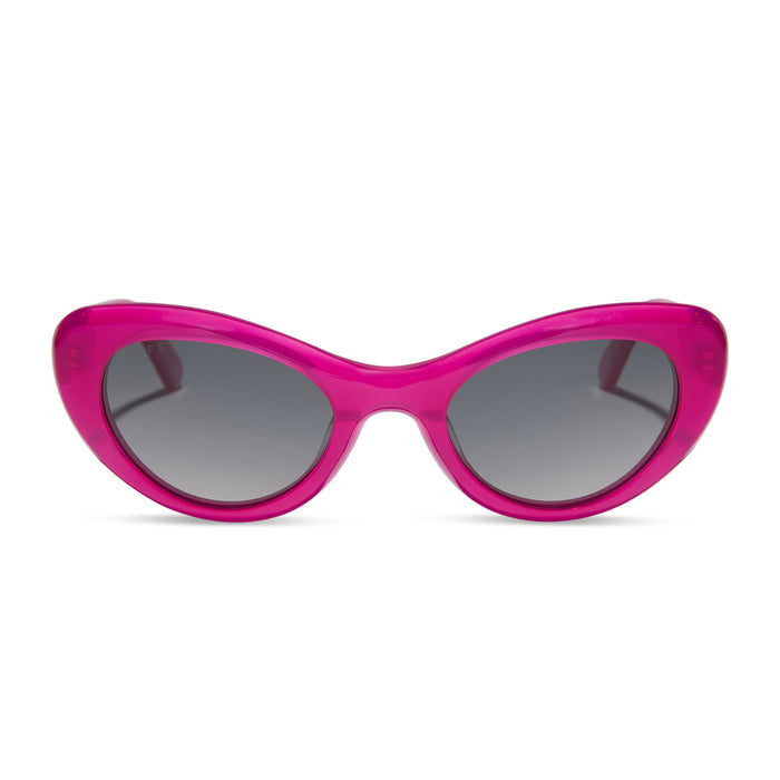 diff eyewear featuring the zaria cat eye sunglasses with a bright tulip pink frame and grey gradient polarized lenses front view