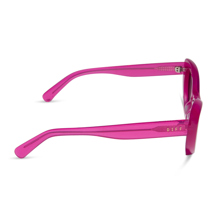 diff eyewear featuring the zaria cat eye sunglasses with a bright tulip pink frame and grey gradient polarized lenses side view