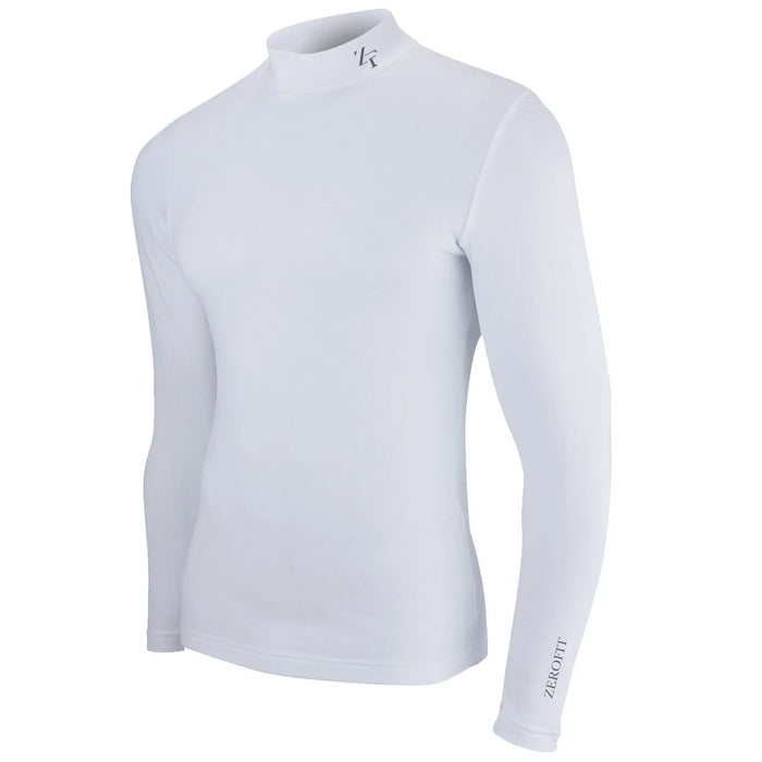 A white long-sleeve thermal shirt is displayed it has a high neckline and a slim fit with branding on the collar and cuff suggesting athletic wear for warmth in cooler conditions