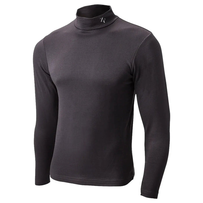 A long-sleeved black turtleneck shirt stands upright against a neutral background showcasing its fitted design and textured fabric with a small logo near the collar.