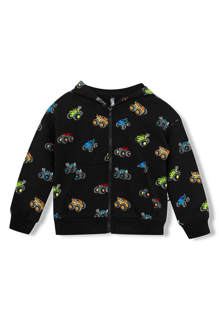 Zip-Up Hoodie in Monster Truck print on white background