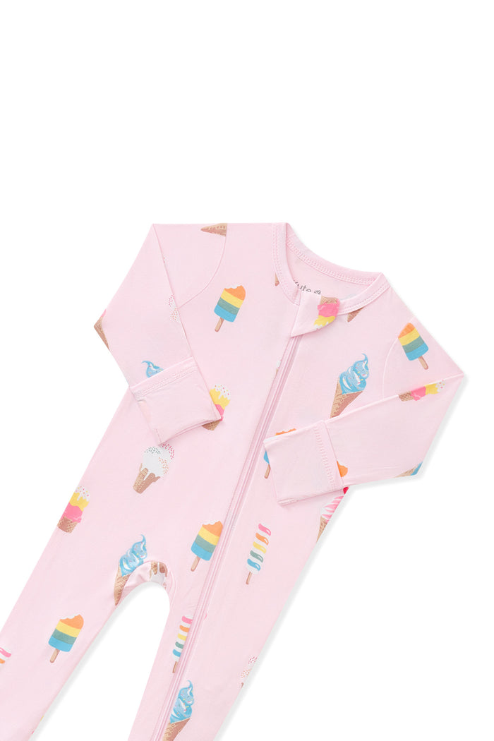 Top part of pink Zippered Footie in Ice Cream print of white background