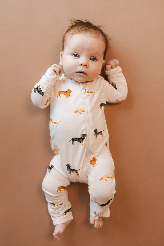 Baby wearing Beige Zippered Romper in Dachshund print on a brown background