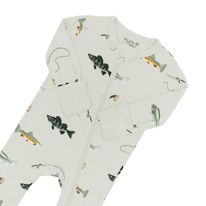 Zipper garage and fold over cuffs on the Zippered Romper in Fishing