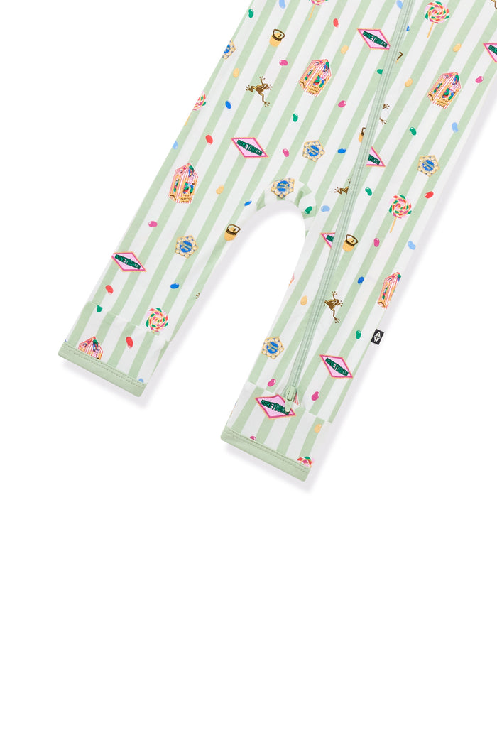 Bottom part of Green and white striped zippered romper with colorful Harry Potter patterns on a white background