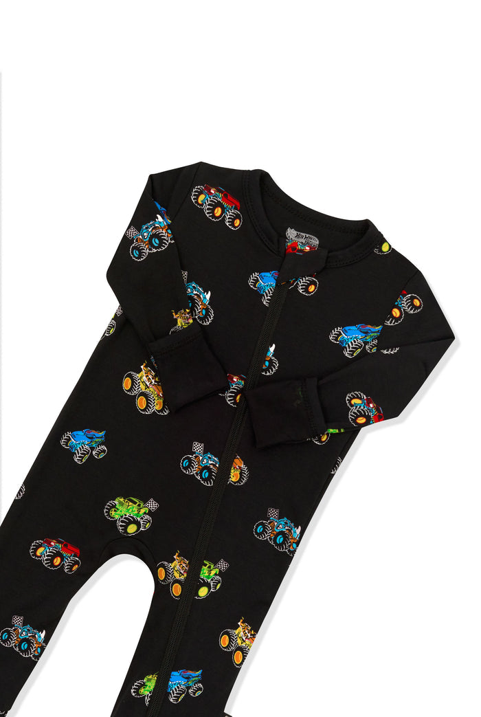 Top part of Zippered Romper in Monster Truck print on white background